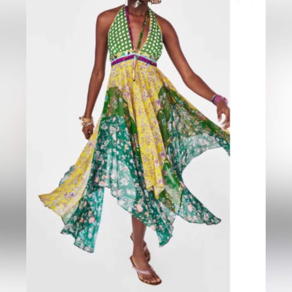 Zara Studio Green Asymmetric Patchwork Dress